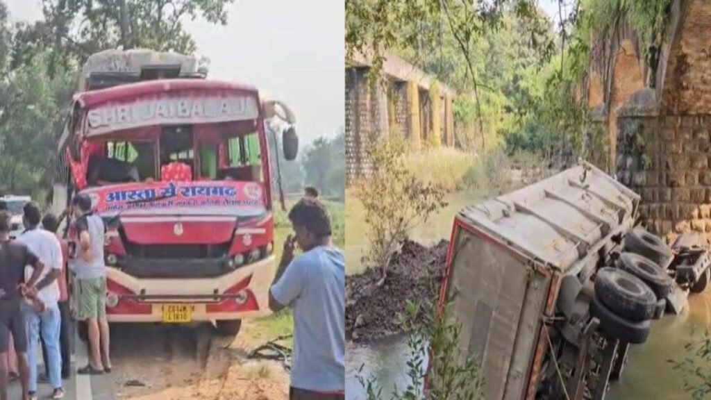 CG रोड एक्सीडेंट: हाईवे पर बस और तेज रफ्तार ट्रक की भयंकर टक्कर, पुल से नीचे गिरी ट्रक, ड्राइवर की मौत
