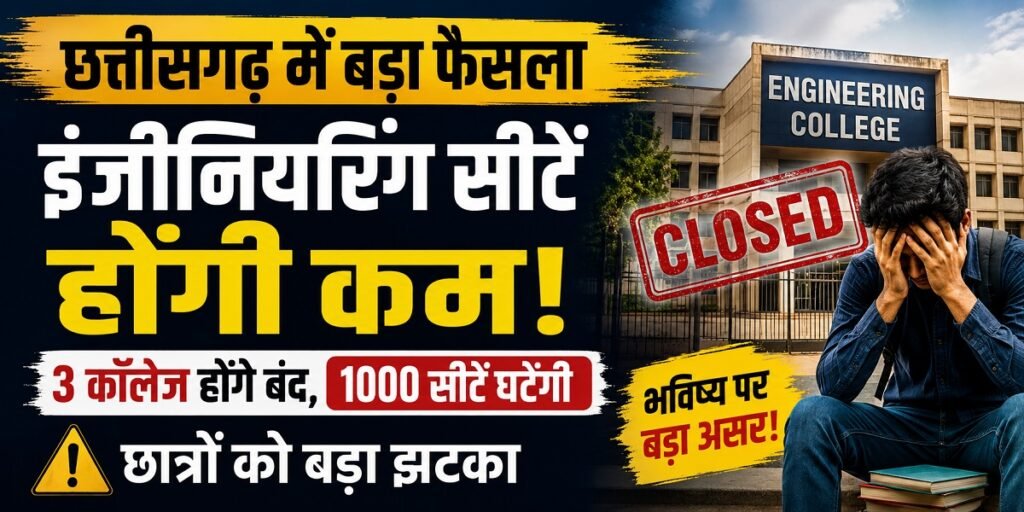 CG Engineering Seats Reduced: छत्तीसगढ़ में इंजीनियरिंग शिक्षा को झटका… 3 कॉलेज बंद, 1000 सीटें होंगी कम