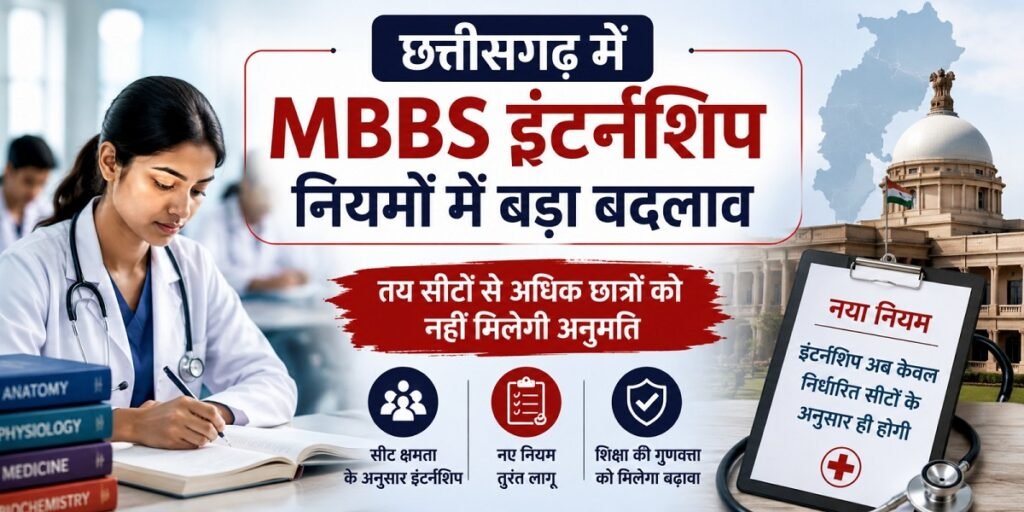 CG MBBS Internship: छत्तीसगढ़ में MBBS इंटर्नशिप नियमों में बड़ा बदलाव, तय सीटों से अधिक छात्रों को नहीं मिलेगी अनुमति