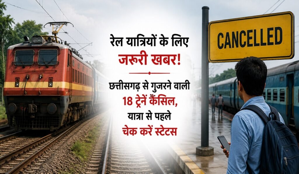 CG Trains Cancelled List: रेल यात्रियों के लिए जरूरी खबर! छत्तीसगढ़ से गुजरने वाली 18 ट्रेनें कैंसिल, यात्रा से पहले चेक करें स्टेटस