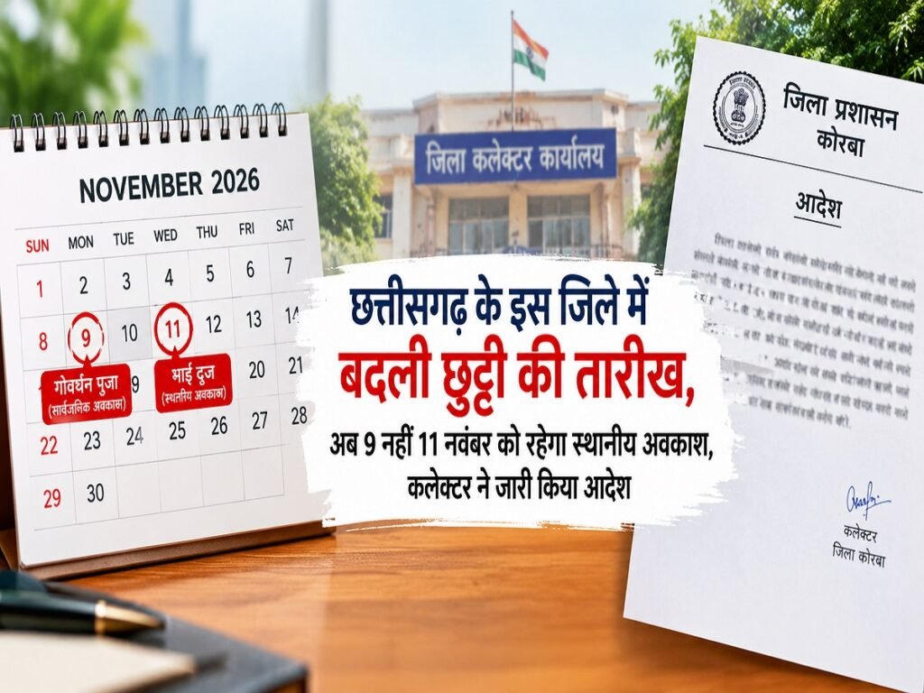 CG Holiday 2026: छत्तीसगढ़ के इस जिले में बदली छुट्टी की तारीख, अब 9 नहीं 11 नवंबर को रहेगा स्थानीय अवकाश, कलेक्टर ने जारी किया आदेश
